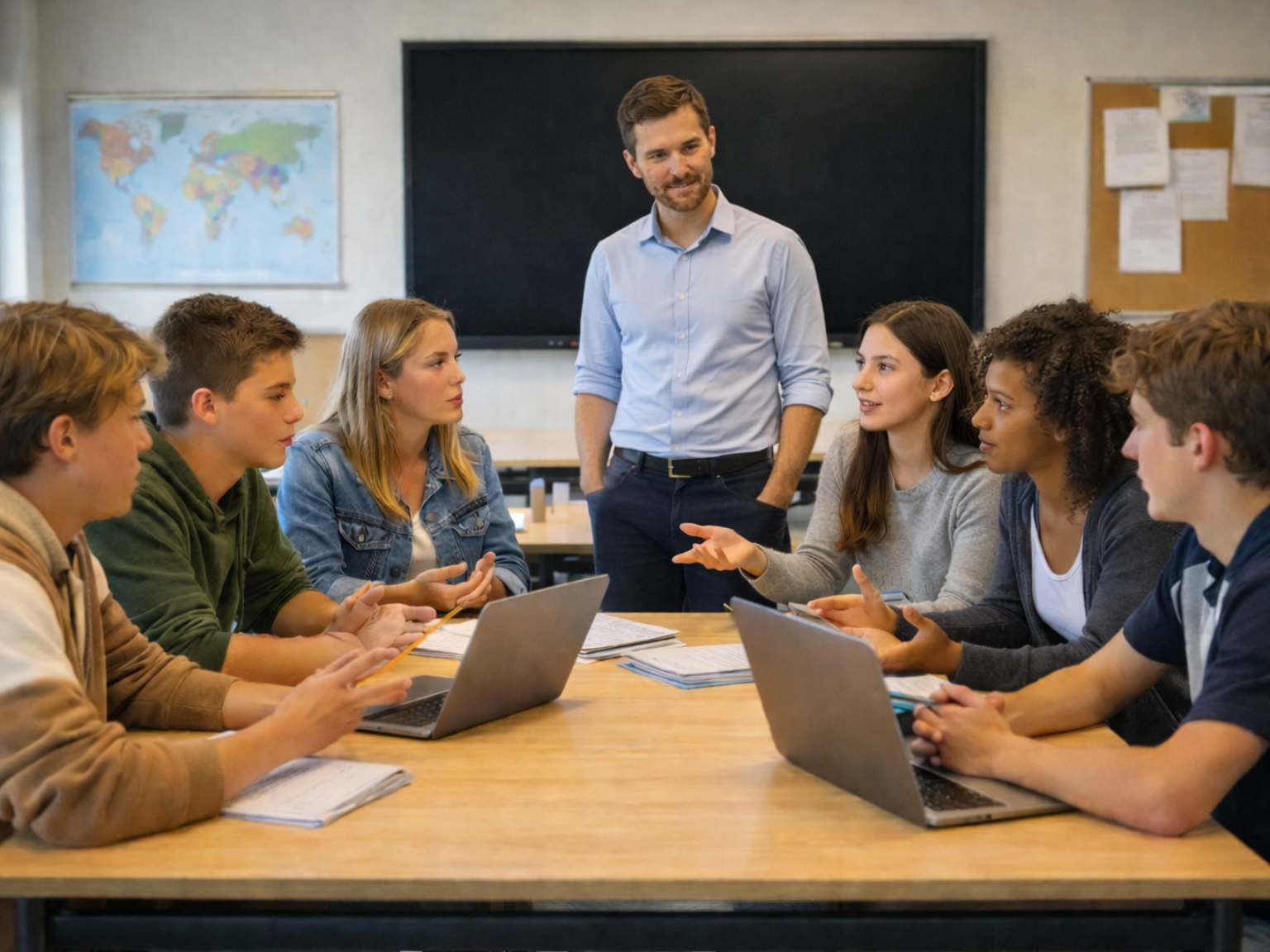Studenten die aan het discussiëren zijn tijdens de les maatschappijleer
